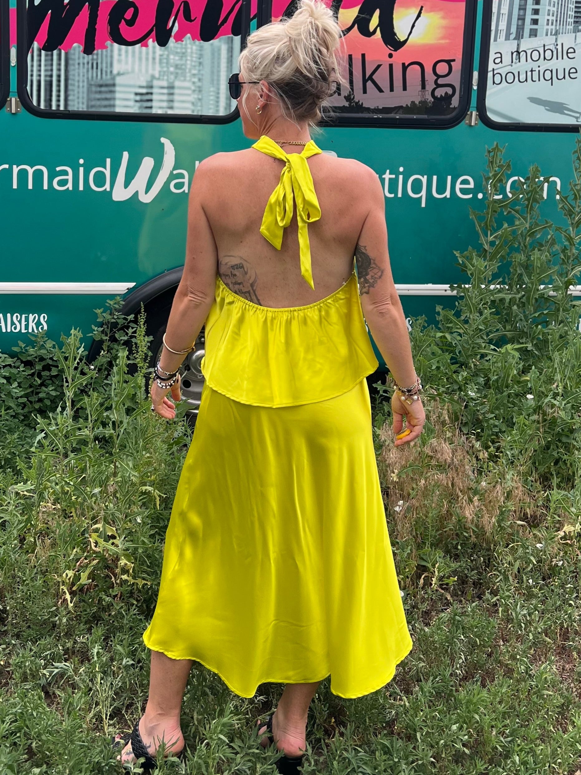 Chartreuse Satin Halter Top