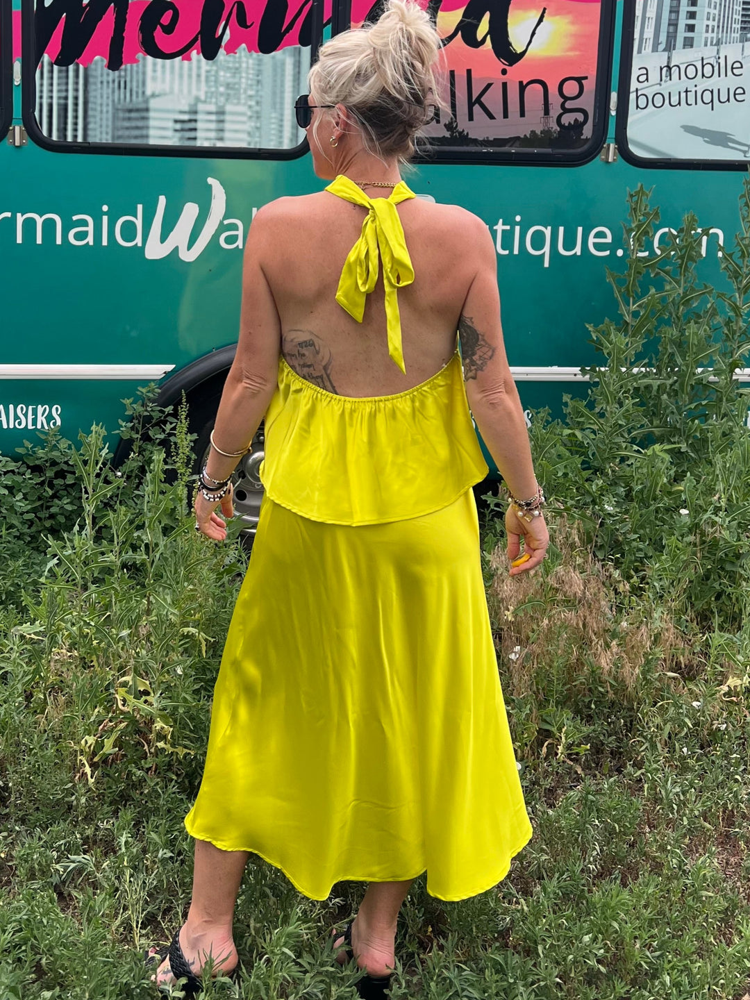 Chartreuse Satin Halter Top