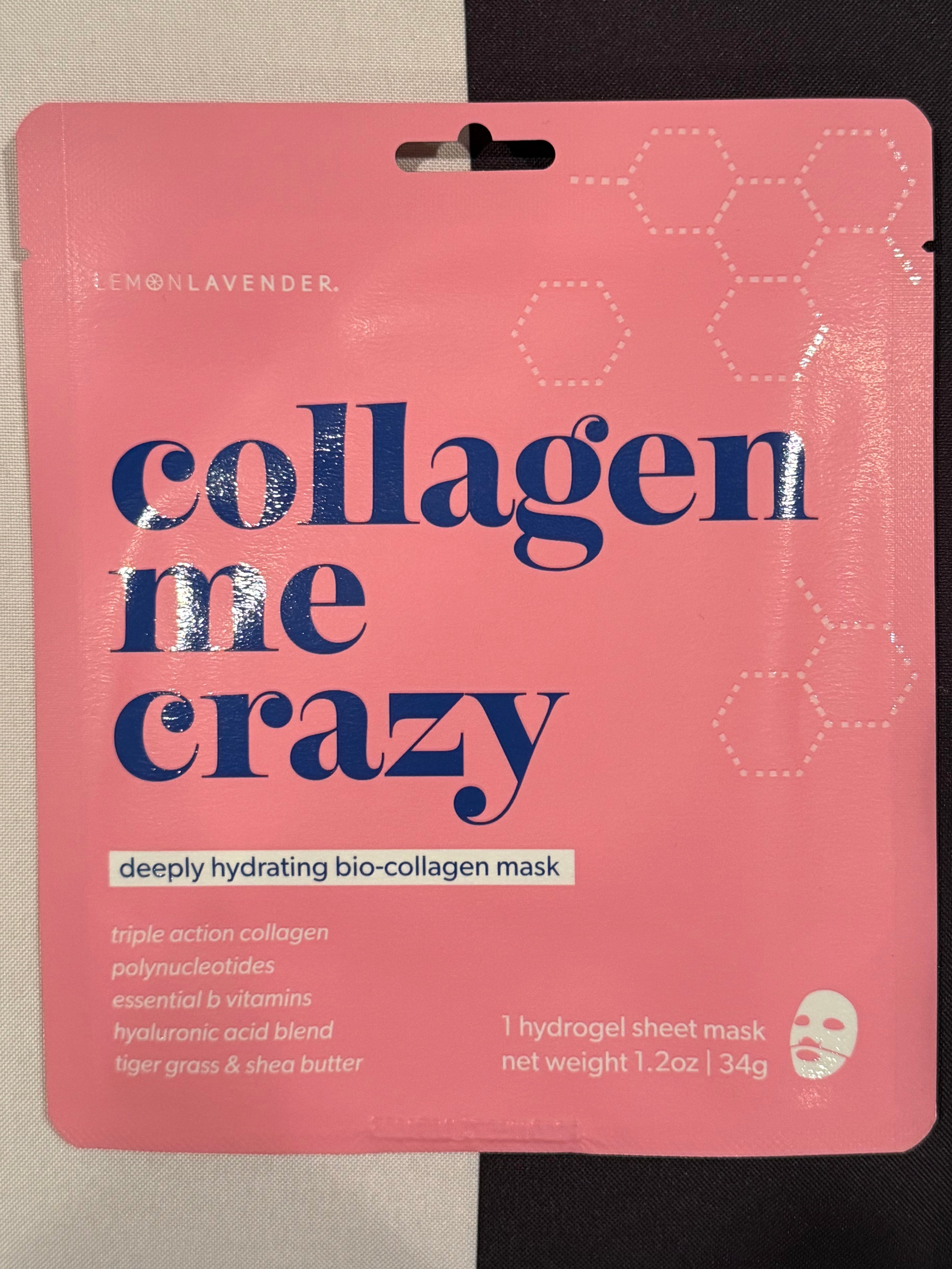 Pink collagen mask packaging with blue text on a black and gray background