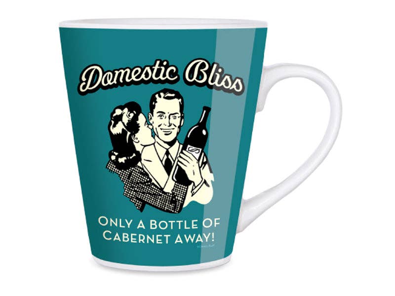 Mug with retro design of a man and woman holding a bottle, text 'Domestic Bliss' and 'Only a bottle of Cabernet Away!' on a teal background.
