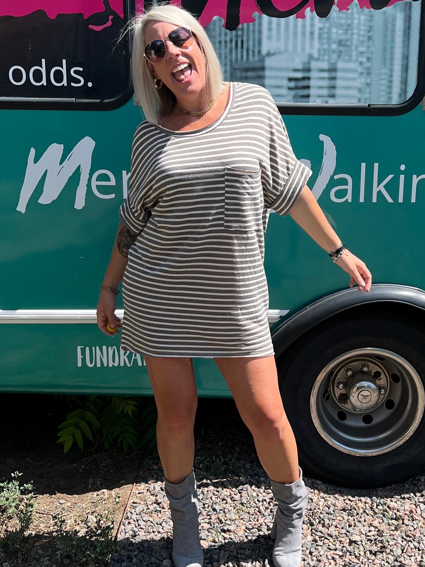 Grey and White Striped Tunic Shirt Dress