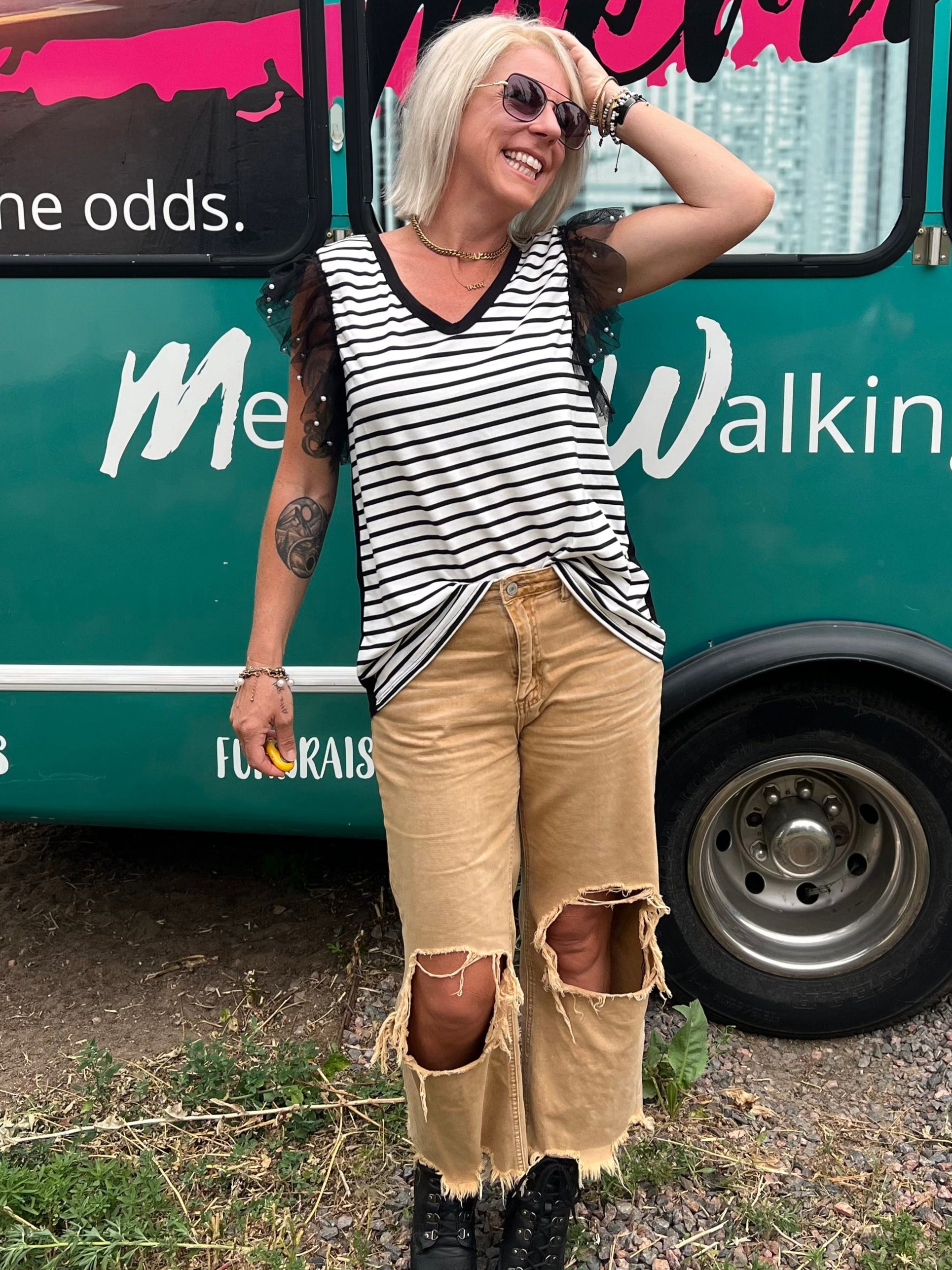 Pearl Flutter Sleeve Stripe Tank