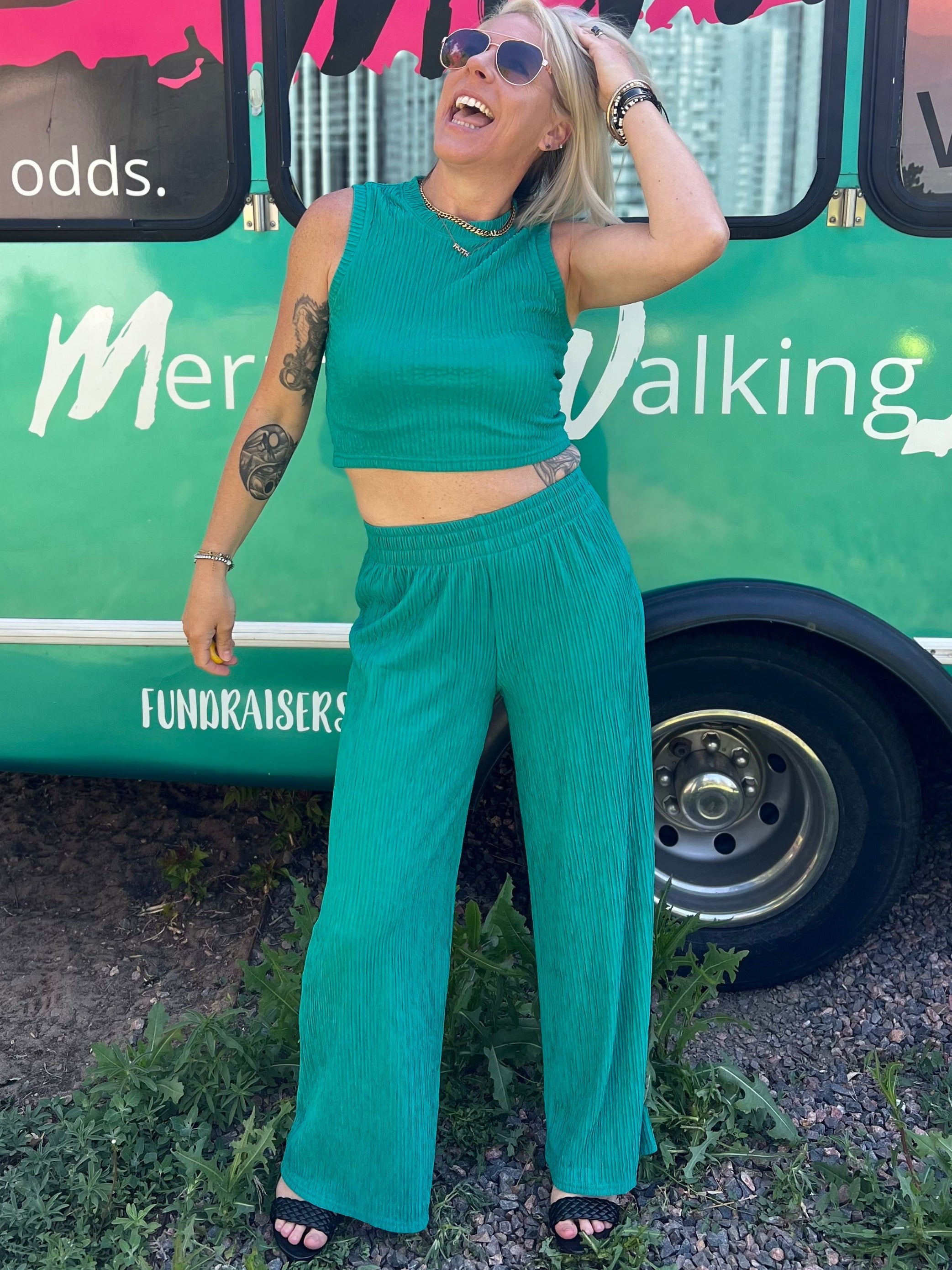 wide leg pants and cropped tank top in ribbed luxe teal material